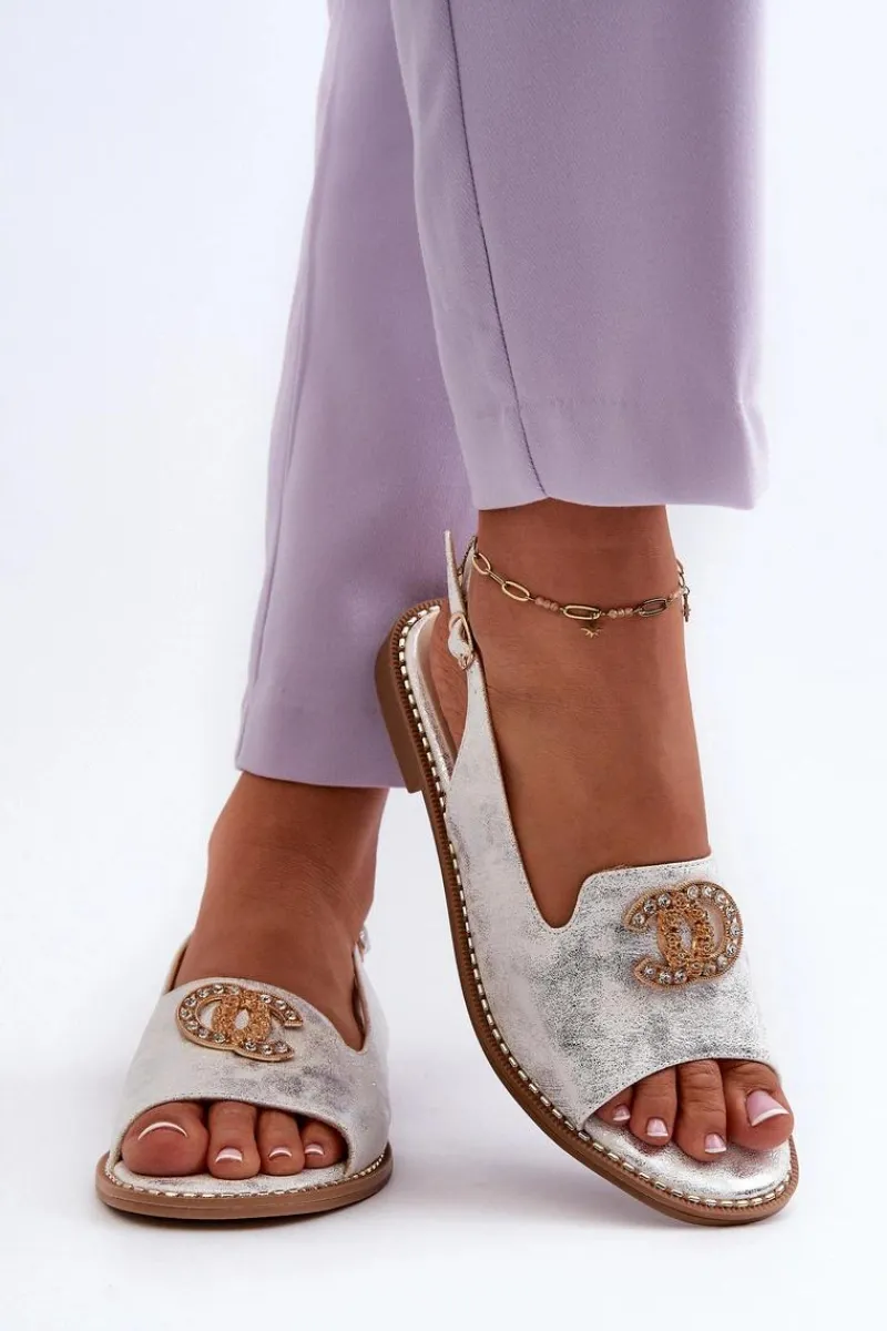 Outlet Damskie Sandały Z Ozdobą S.Barski KV27-049 Srebrne Damskie Sandały Płaskie