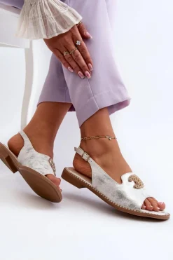 Outlet Damskie Sandały Z Ozdobą S.Barski KV27-049 Srebrne Damskie Sandały Płaskie