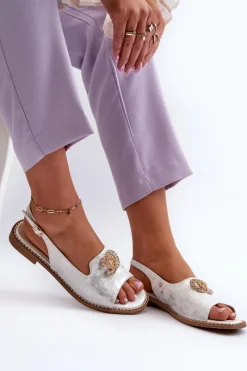 Outlet Damskie Sandały Z Ozdobą S.Barski KV27-049 Srebrne Damskie Sandały Płaskie