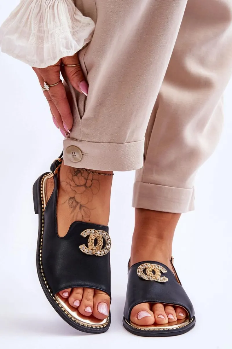 Damskie Sandały Z Ozdobą S.Barski KV-2775-49 Czarne Damskie Sandały Płaskie