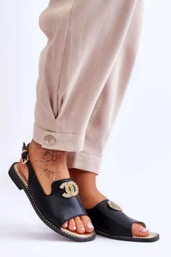 Damskie Sandały Z Ozdobą S.Barski KV-2775-49 Czarne Damskie Sandały Płaskie