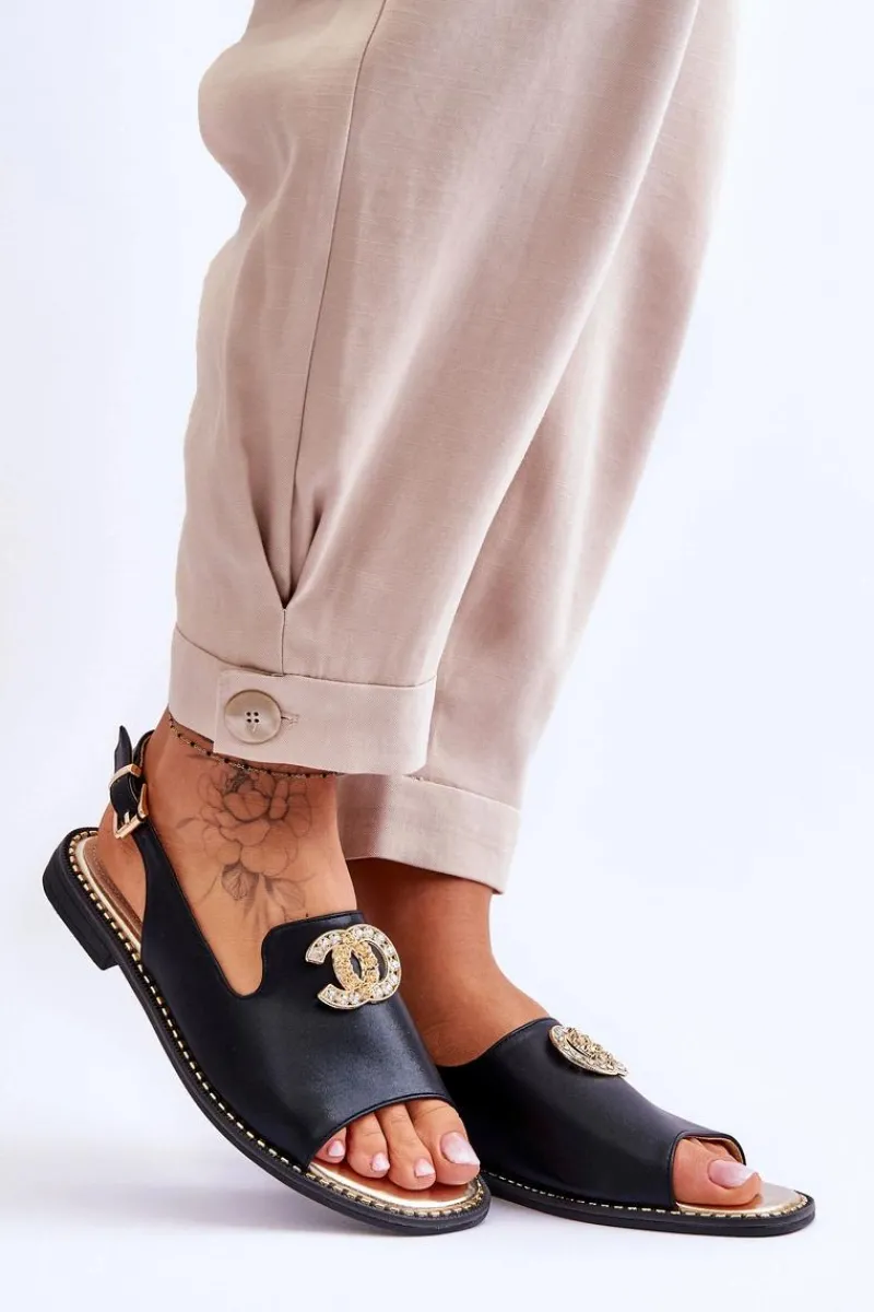 Damskie Sandały Z Ozdobą S.Barski KV-2775-49 Czarne Damskie Sandały Płaskie