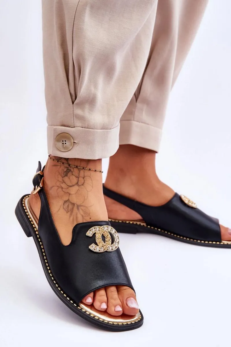 Damskie Sandały Z Ozdobą S.Barski KV-2775-49 Czarne Damskie Sandały Płaskie