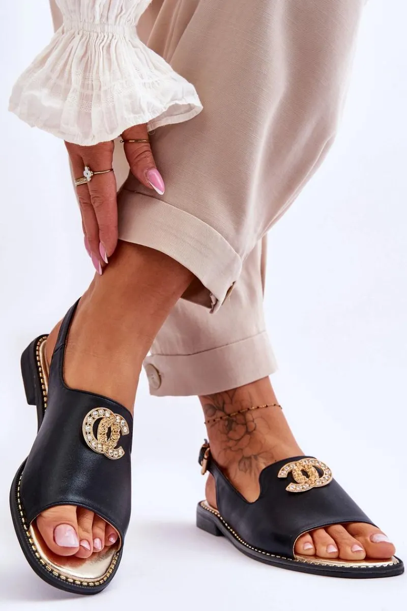 Damskie Sandały Z Ozdobą S.Barski KV-2775-49 Czarne Damskie Sandały Płaskie