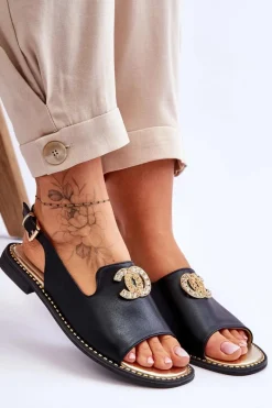 Damskie Sandały Z Ozdobą S.Barski KV-2775-49 Czarne Damskie Sandały Płaskie