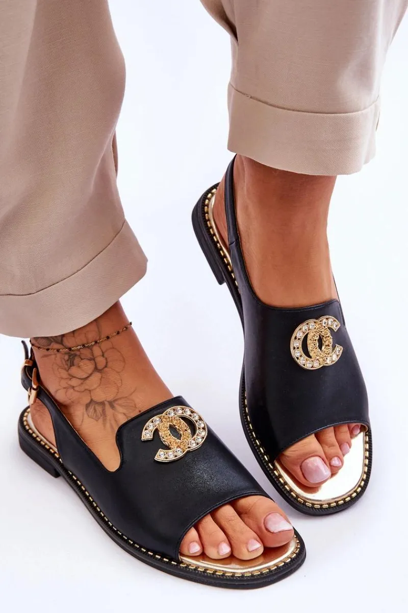 Damskie Sandały Z Ozdobą S.Barski KV-2775-49 Czarne Damskie Sandały Płaskie