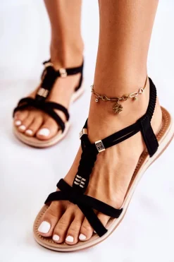 Clearance Damskie Sandały Z Ozdobami Czarne Amberly Damskie Sandały Płaskie