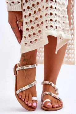 Sandały Płaskie>Boto Damskie Sandały Z Ozdobnymi Muszelkami Biało-Beżowe Verdem