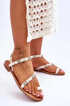 Sandały Płaskie>Boto Damskie Sandały Z Ozdobnymi Muszelkami Biało-Beżowe Verdem