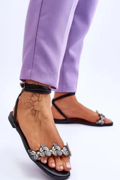 Clearance Damskie Sandały Z Ozdobnymi Motylami Czarne Jeane Damskie Sandały Płaskie