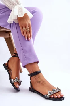 Clearance Damskie Sandały Z Ozdobnymi Motylami Czarne Jeane Damskie Sandały Płaskie