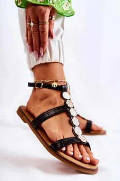 Sandały Płaskie>Boto Damskie Sandały Z Ozdobnym Paskiem Czarne Seila