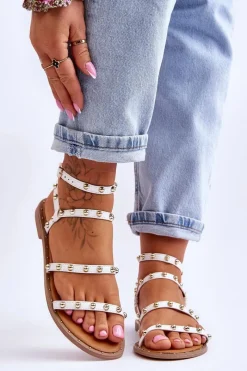 Sandały Płaskie>Boto Damskie Sandały Z Ozdobnymi Ćwiekami Białe Dorothy