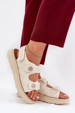 Outlet Boto Damskie Sandały Z Ozdobnymi Detalami Na Rzepy Beżowe Zoliner Beżowy