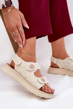 Outlet Boto Damskie Sandały Z Ozdobnymi Detalami Na Rzepy Beżowe Zoliner Beżowy