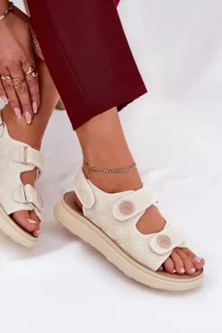 Outlet Boto Damskie Sandały Z Ozdobnymi Detalami Na Rzepy Beżowe Zoliner Beżowy