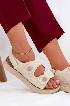 Outlet Boto Damskie Sandały Z Ozdobnymi Detalami Na Rzepy Beżowe Zoliner Beżowy