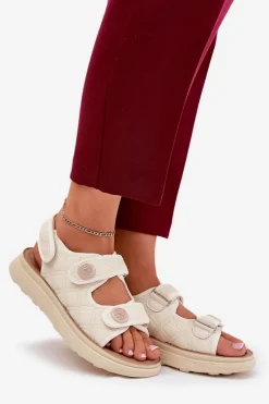 Outlet Boto Damskie Sandały Z Ozdobnymi Detalami Na Rzepy Beżowe Zoliner Beżowy