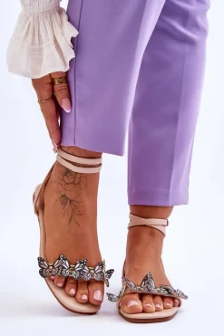 Sandały Płaskie>Boto Damskie Sandały Z Ozdobnymi Motylami Beżowe Jeane Beżowy