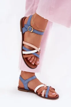New Damskie Sandały Z Przeplatającymi Się Paskami Sergio Leone SK090H Niebieskie Damskie Sandały Płaskie