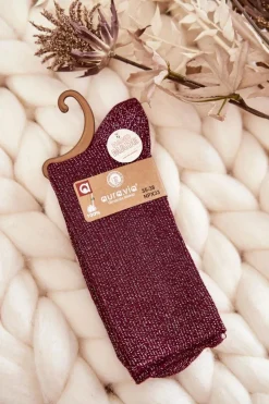 Skarpetki|Skarpetki>Aura.via Damskie Skarpetki Antybakteryjne Z Błyszczącą Nicią Bordowe