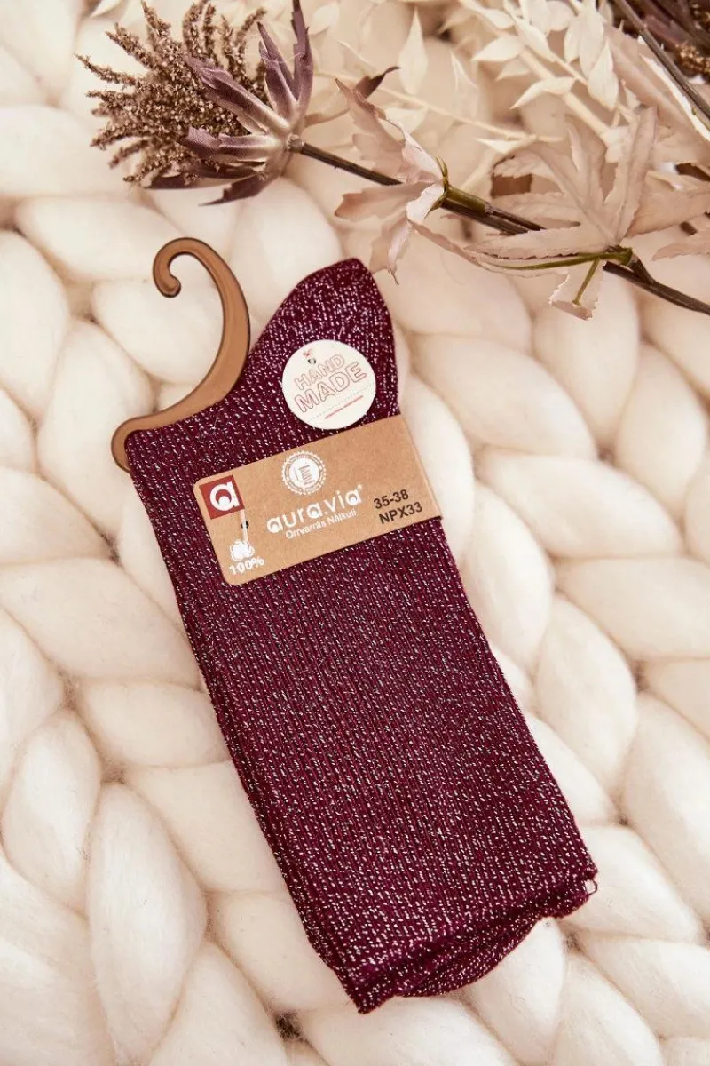 Skarpetki|Skarpetki>Aura.via Damskie Skarpetki Antybakteryjne Z Błyszczącą Nicią Bordowe