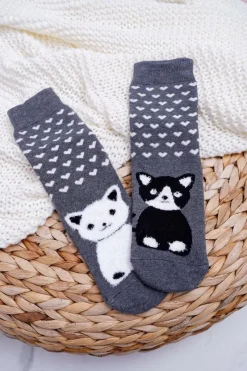 Aura.via Damskie Skarpetki Antypoślizgowe Ciepłe Szare z Kotkiem