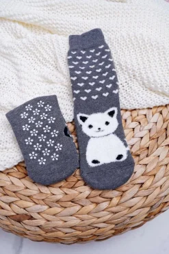 Aura.via Damskie Skarpetki Antypoślizgowe Ciepłe Szare z Kotkiem