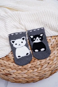 Aura.via Damskie Skarpetki Antypoślizgowe Ciepłe Szare z Kotkiem