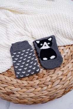 Aura.via Damskie Skarpetki Antypoślizgowe Ciepłe Szare z Kotkiem