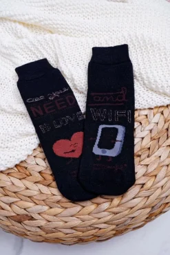 Sale Damskie Skarpetki Antypoślizgowe Ciepłe Czarne All You Need Is Love And WiFi Skarpetki|Skarpetki