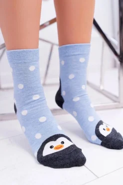 Damskie Skarpetki Błękitne Z Pingwinem Skarpetki|Skarpetki
