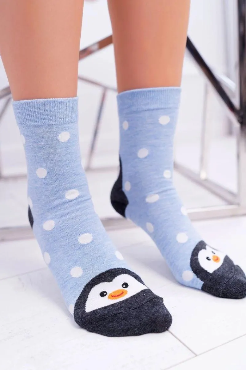 Damskie Skarpetki Błękitne Z Pingwinem Skarpetki|Skarpetki