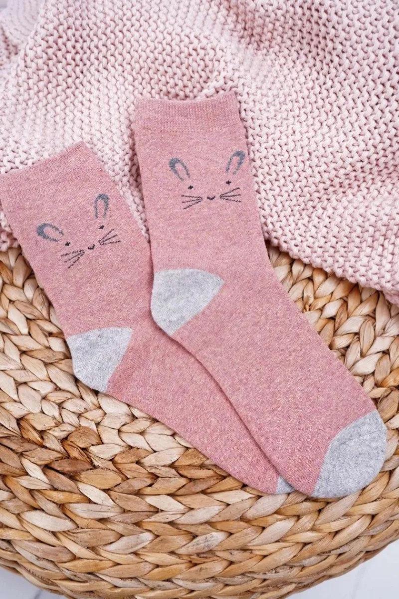 Skarpetki|Skarpetki>Aura.via Damskie Skarpetki Ciepłe Ciemno Różowe z Królikiem