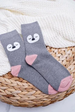 Hot Aura.via Damskie Skarpetki Ciepłe Szare z Pingwinem