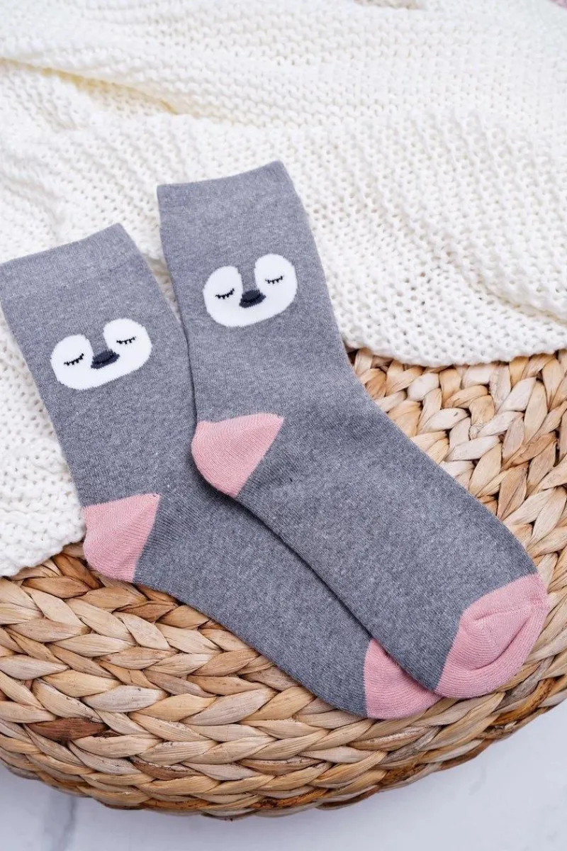 Hot Aura.via Damskie Skarpetki Ciepłe Szare z Pingwinem