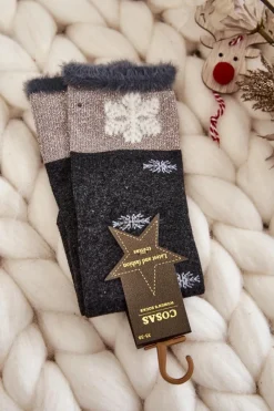 COSAS Damskie Skarpetki Długie Ze Śnieżkami Ciemno Szare