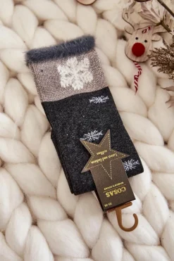 COSAS Damskie Skarpetki Długie Ze Śnieżkami Ciemno Szare