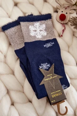 COSAS Damskie Skarpetki Długie Ze Śnieżkami Granatowe