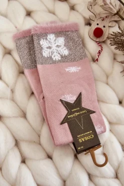 Sale Damskie Skarpetki Długie Ze Śnieżkami Różowe Skarpetki|Skarpetki