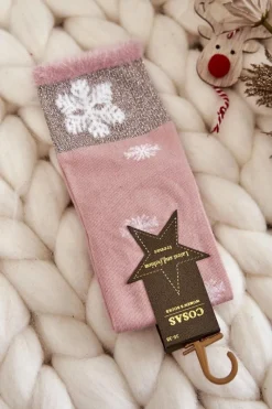 Sale Damskie Skarpetki Długie Ze Śnieżkami Różowe Skarpetki|Skarpetki