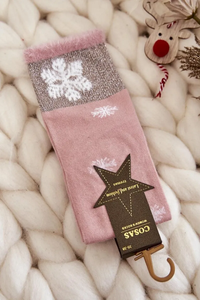 Sale Damskie Skarpetki Długie Ze Śnieżkami Różowe Skarpetki|Skarpetki