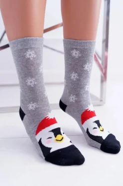 Outlet Boto Damskie Skarpetki SOXO Szare Z Pingwinkiem