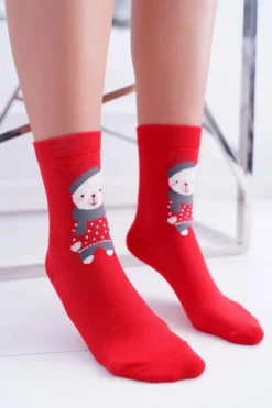 Outlet Aura.via Damskie Skarpetki Świąteczne Czerwone Z Misiem