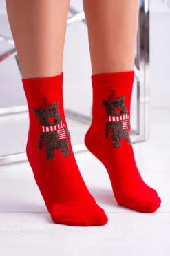 Online Damskie Skarpetki Świąteczne Czerwone Z Misiem Skarpetki|Skarpetki