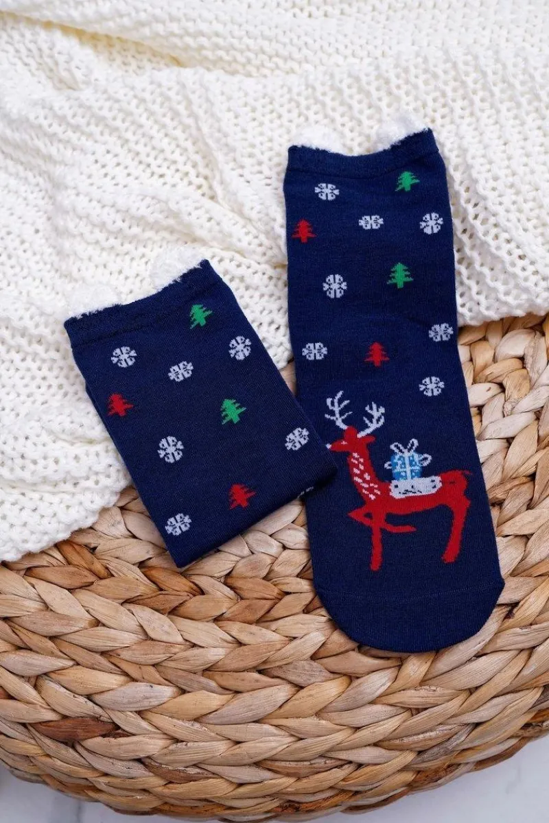 Outlet Damskie Skarpetki Świąteczne Granatowe Z Uszami i Reniferem Skarpetki|Skarpetki