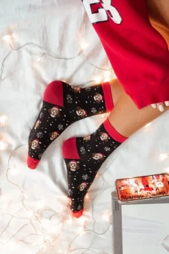 Clearance Damskie Skarpetki Świąteczne Pieski W Czapce Mikołaja Czarne Skarpetki|Skarpetki