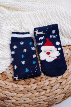 Skarpetki|Skarpetki>Aura.via Damskie Skarpetki Świąteczne Antypoślizgowe Granatowe z Mikołajem