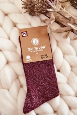 New Damskie Skarpetki Z Błyszczącą Nicią Bordowe Skarpetki|Skarpetki