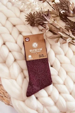 New Damskie Skarpetki Z Błyszczącą Nicią Bordowe Skarpetki|Skarpetki